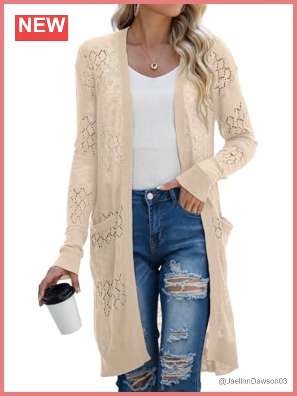 Womens Lightweight Crochet Knit Long Cardigan Sweater With Pockets